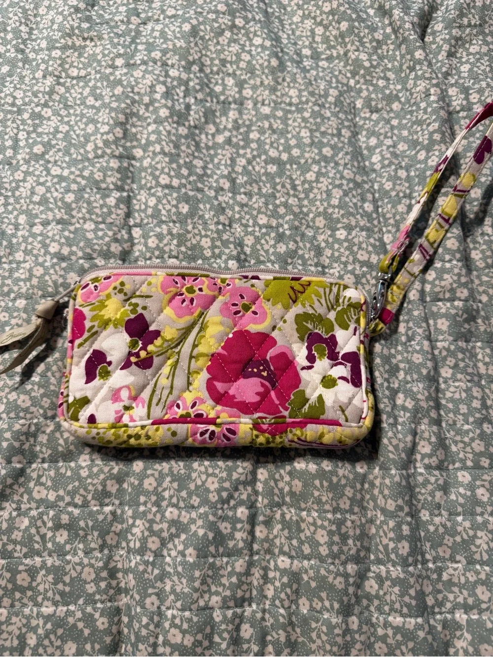 Vera Bradley Floral Quilted Wristlet in Pink, Green & Cream